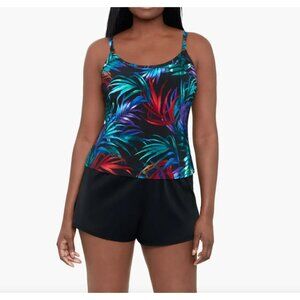 NEW Trimshaper Womens 16 Tankini Swimsuit Farrah Scoopneck Swim‎ Romper Pockets